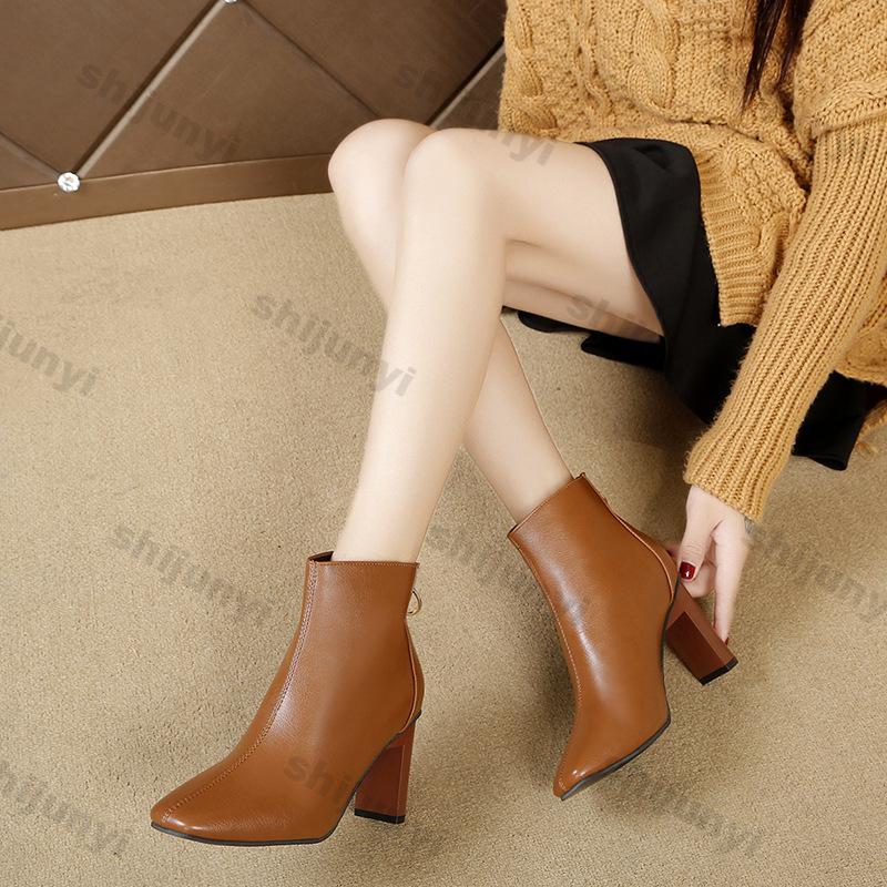 Thick Heel Black Short Leather Boots for Women New Autumn Winter High-heeled Women Square Toe Thick Heel Back Zipper Single Boot