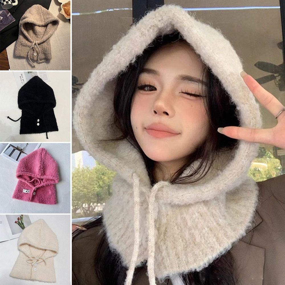 Solid color Women Balaclava Hat and Scarf Integrated Windproof Cap Knitted Pullover Hat Outdoor