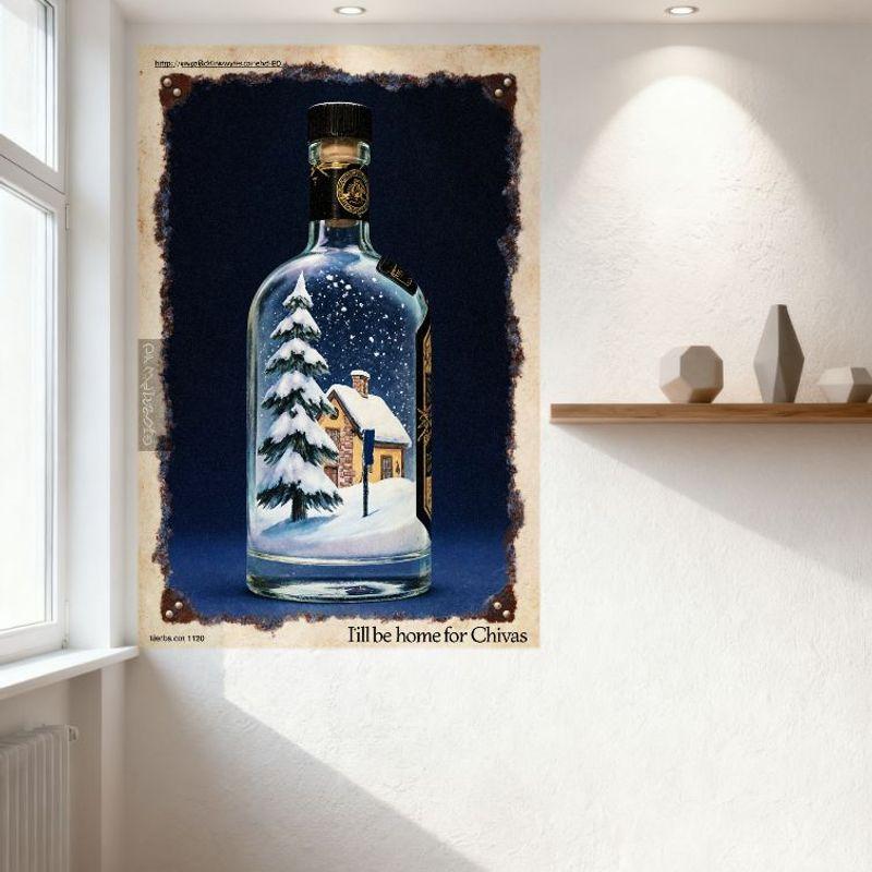 Vintage Chivas Winter Snowy Landscape Tin Sign, Home Coming Snow Scene Metal Wall Decor for Bar Pub Cafe, Festive Nostalgic Art
