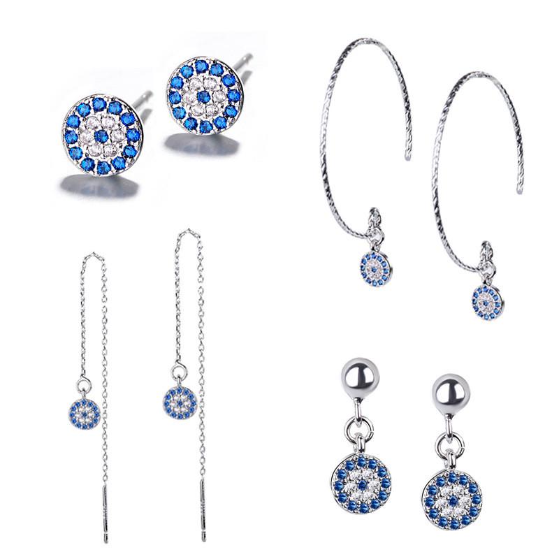 4 Styles Blue Crystals Devil 'S Eye Long Section Chain Geometric Circle Earrings 