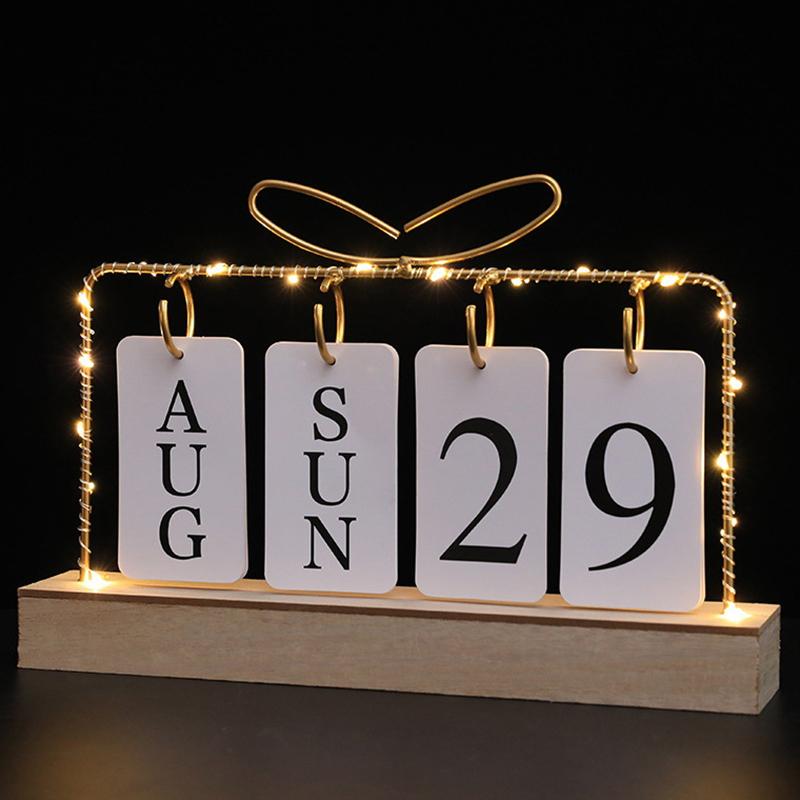 Flipkalender med lys til skrivebord Træ Evig Kalender til Skrivebord Med Måned Dato Visning Skrivebordskalender til Hjemmekontor Indretning
