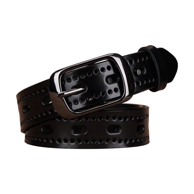 Womens Genuine Leather Belt With Hollow Design Slim Width 2-4cm Adjustable Length Black Coffee Business Casual Pants Jeans