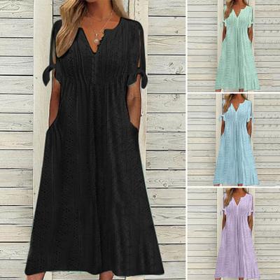 Women's Summer Maxi Dress Boho Eyelet Button V Neck Tie Knot Short Sleeve Midi Dress Summer Beach Vacation Sundress