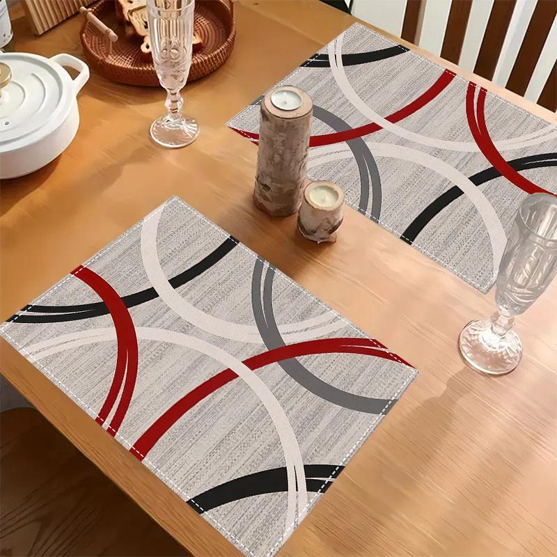 4-Pack Linen Placemats, 12x18 Inch, Machine Washable, Abstract Geometric Red & Gray Line Design for Home Kitchen, Party & Room Decor