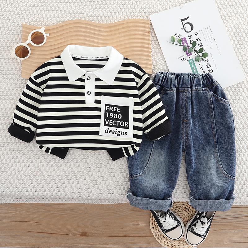 

Комплект из двух предметов с длинными рукавами для мальчиков 0-5 лет, повседневный комплект из рубашки поло в черно-белую полоску и джинсовых брюк для мальчиков XXL чёрный