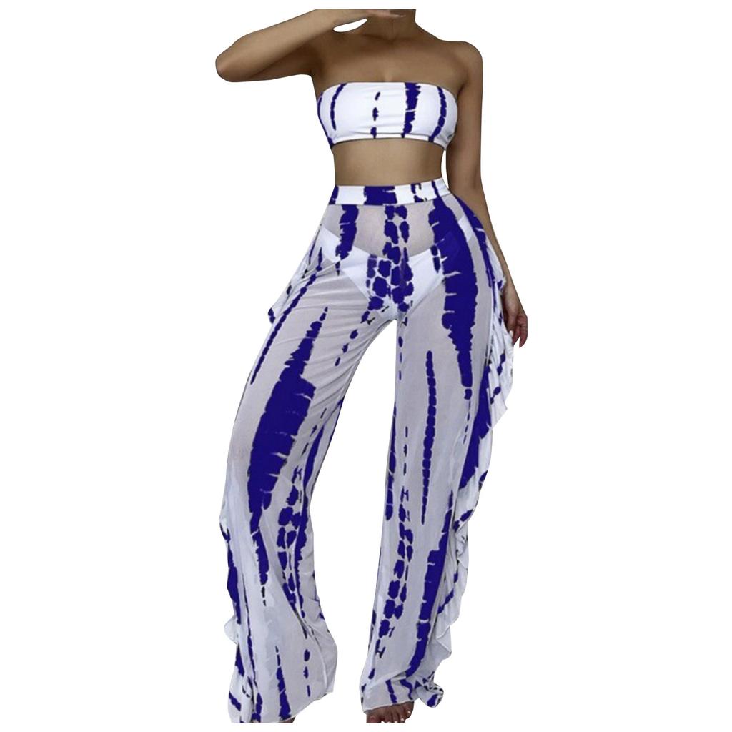 Fashion Women's Tube Top Mesh Pants Printed High Waist Split Sexy Swimsuit Bikini