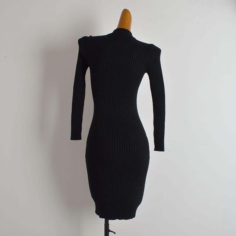 New Arrival Minimalist Stand Collar Shoulder Strap Metal Buckle Long Sleeves Knitting Dress Women's Clothing Spring and Autumn Slim Fit Bodycon Dress