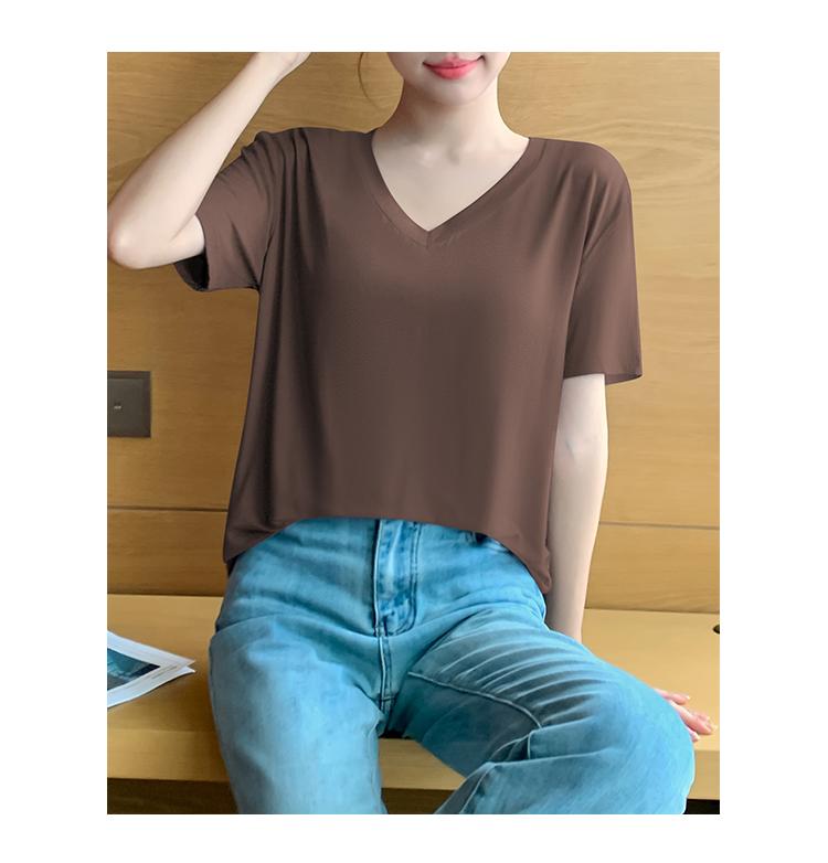 Short Sleeve Black Facial Mask T-shirt Female Summer V-neck New Ice Silk Low Neck Loose Spring and Autumn Top JS