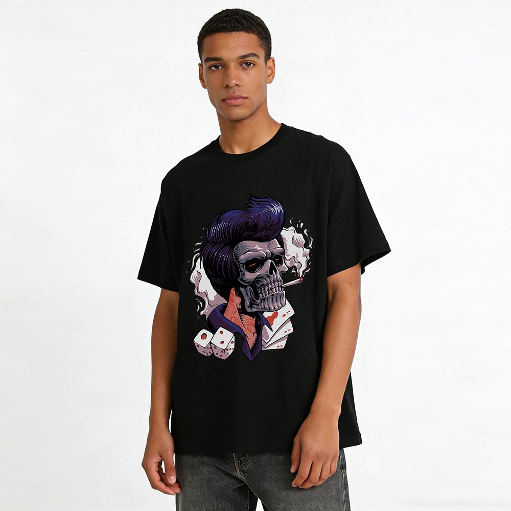 Vintage Gambler Skull Print Tee Edgy Retro Casual Graphic T-Shirt Pure Cotton T-shirt