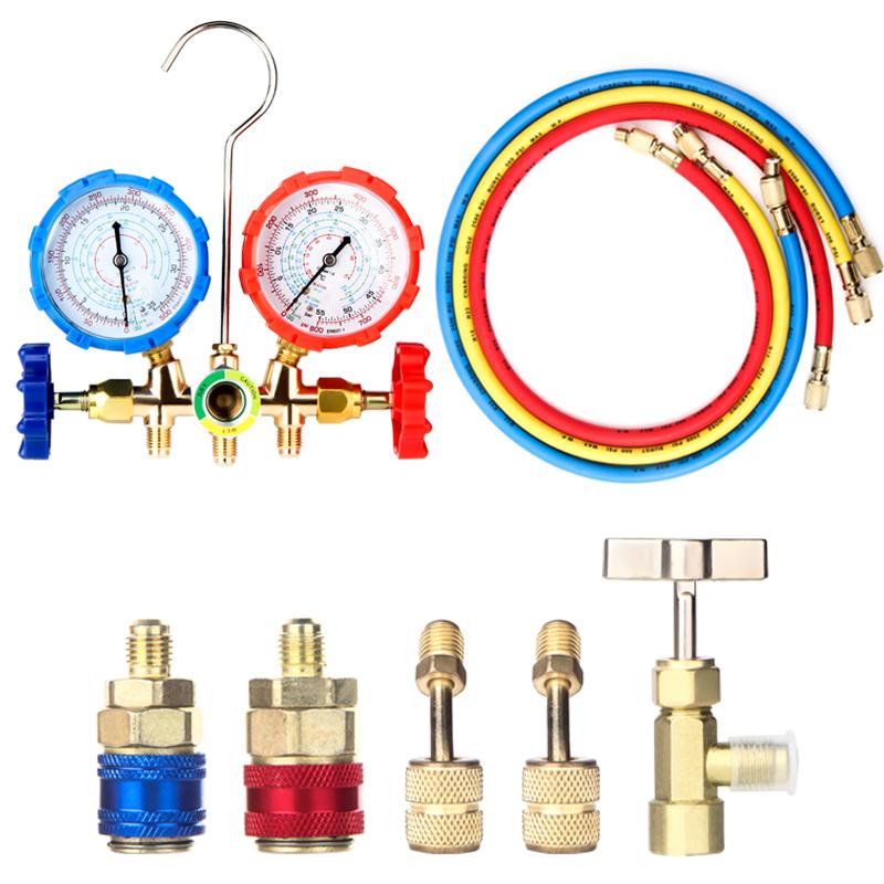 Freon For R12 R22 R404A R134a New Air Conditioning Pressure Gauge with Hose and Hook 3 Way AC Diagnostic Manifold Gauge Set