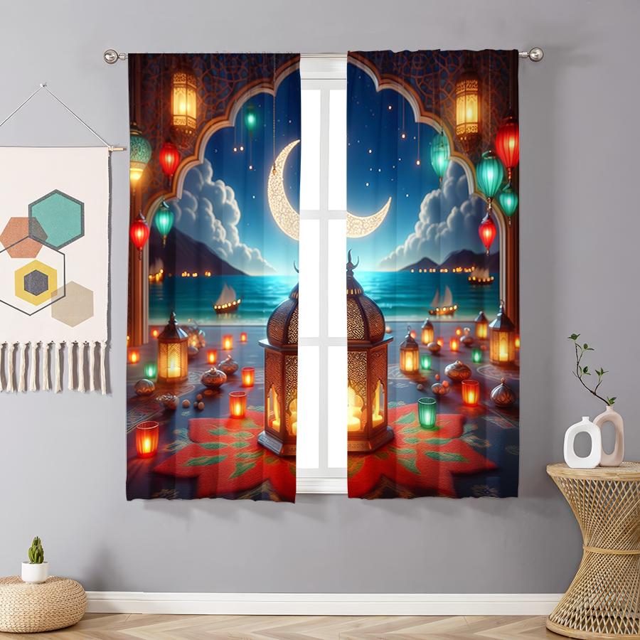 2pcs Festive Lantern & Crescent Night Scene Curtains, Ideal for Ramadan/Eid Window Decor,Rod Pocket Curtains