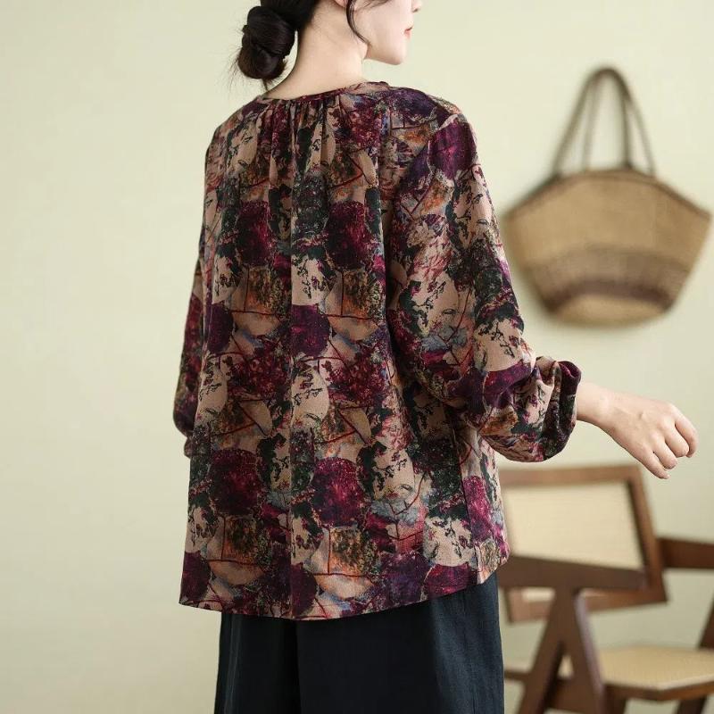 Stile Cinese Vintage Autunno Inverno Donna Scollo a O Bottoni Stampa Semplicità Moda Manica Lunga Larghi Pullover Magliette Top