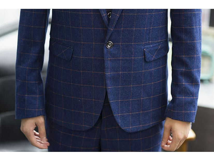 Men's Blue Plaid Slim Fit Blazer & Suit Set - Korean Style Two-Button Casual Tuxedo