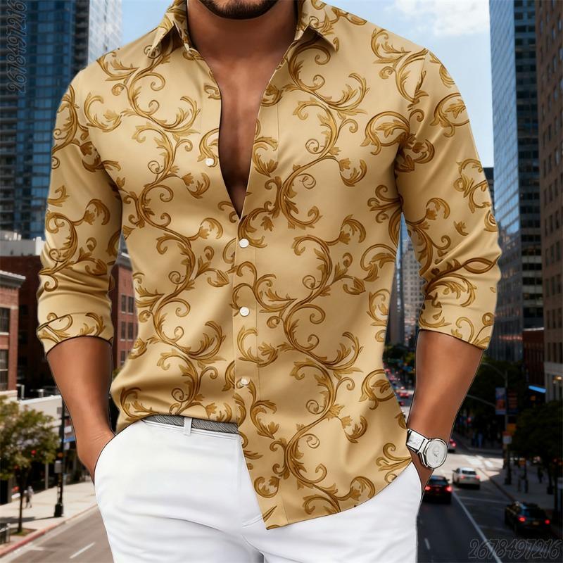 16 colori camicia da uomo di lusso pattern barocco dorato manica lunga alla moda stampa retrò comoda senza stiro taglia grande top