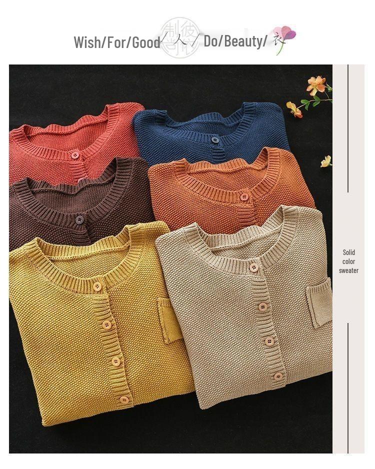 Women's Retro Knit Cotton Cardigan: Round Neck, Long Sleeve, Autumn Casual Short Sweater.