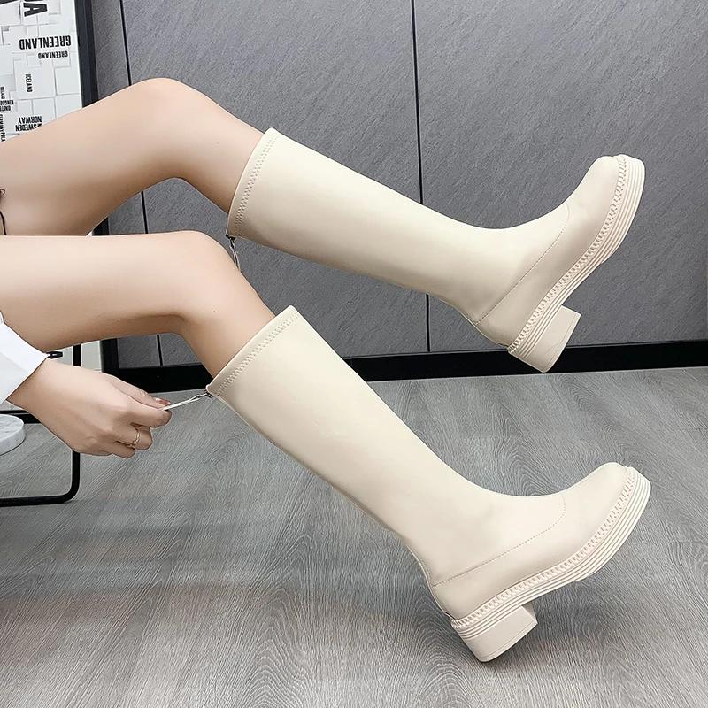 LazySeal Black White Knee Boots Square Toe Autumn Winter Zipper Fashion Women Boots 4.5cm Med Heels Modern Boots Big Size 44