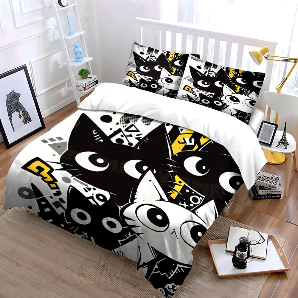 Cartoon cats with geometric patterns Print Bedding Set 1Duvet Cover 2Pillowcases for Adult and Children Luxury Gift Full Size