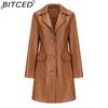 BITCED Long-Length Leather Coat Spring/Autumn Long-Sleeved Leather Trench Coat Stylish British-Style Outerwear Polo Neck Single-Breasted