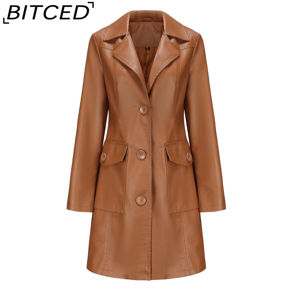 BITCED Long-Length Leather Coat Spring/Autumn Long-Sleeved Leather Trench Coat Stylish British-Style Outerwear Polo Neck Single-Breasted