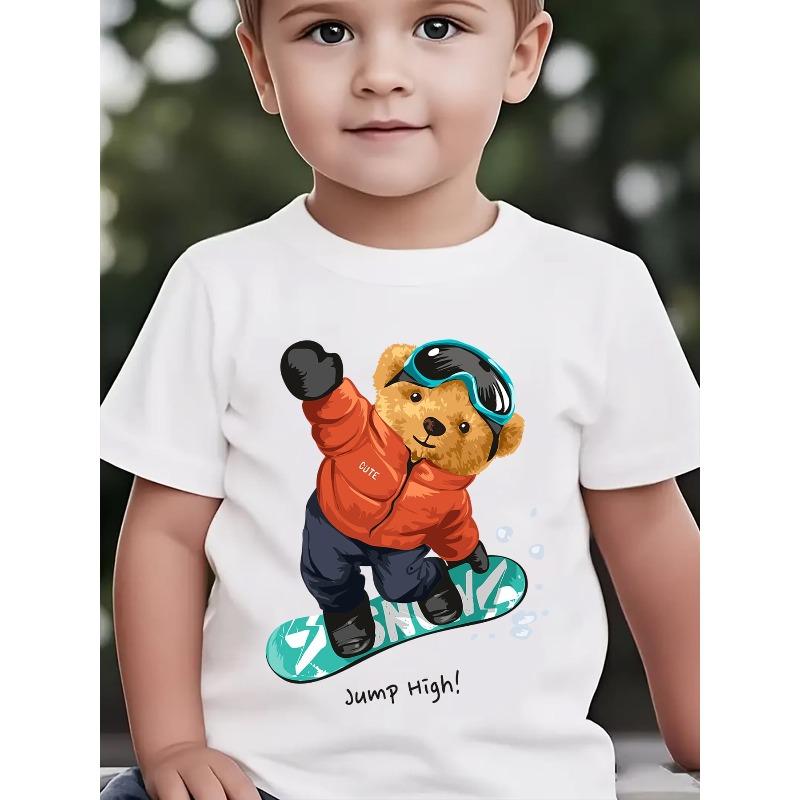 Boys Summer Crewneck Tee,  JUMP HIGH!  Snowboarding Bear Cartoon Print Outdoor Casual Short Sleeve Top 110