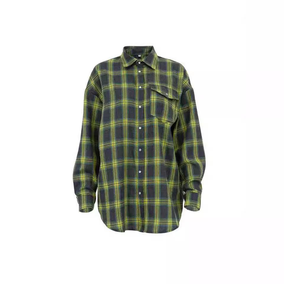 2024 Autumn Women's Retro Plaid Loose Lapel Shirt with Long Sleeves and Pocket