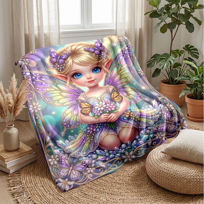 Fairy with Butterflies and Teddy Bears Theme Blanket Lightweight Warm Flannel Blanket Decorative Throw Blanket for Home Decoration