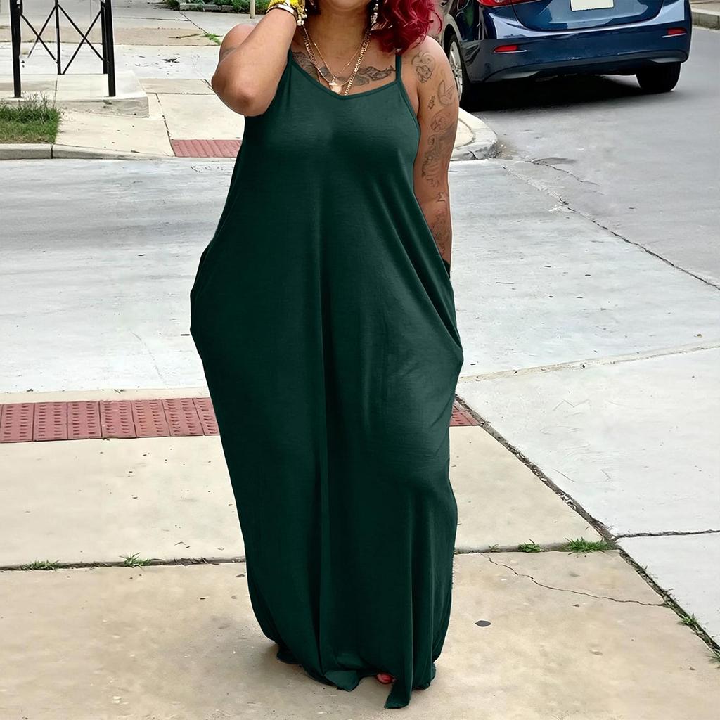 Women's Loose Fit Sleeveless Maxi Dress Casual Spaghetti Strap Relaxed Style Long Dress with Pockets for Summer Fashion