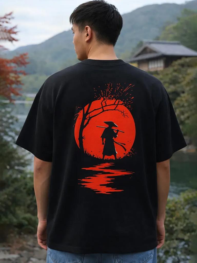 Thick Black Oversized T-Shirt with Samurai Print