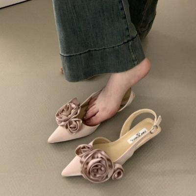New Style Brand Women Sandal Flower Ladies Elegant Dress Slingback Shoes Thin Low Heel Dress Mules Pumps Zapatos Mujer