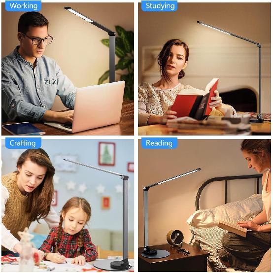 LED Desk Lamp for Home Office, Foldable Desk Light USB Charging Port Touch Control, 3 Color Temp, 6 Brightness, Metal Table Lamp Eye-Caring Reading