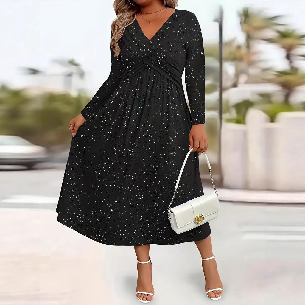 Elegante Vestito Glitterato Scollo a V Manica Lunga Taglie Forti con Tasche - Stile Europeo & Americano 2026