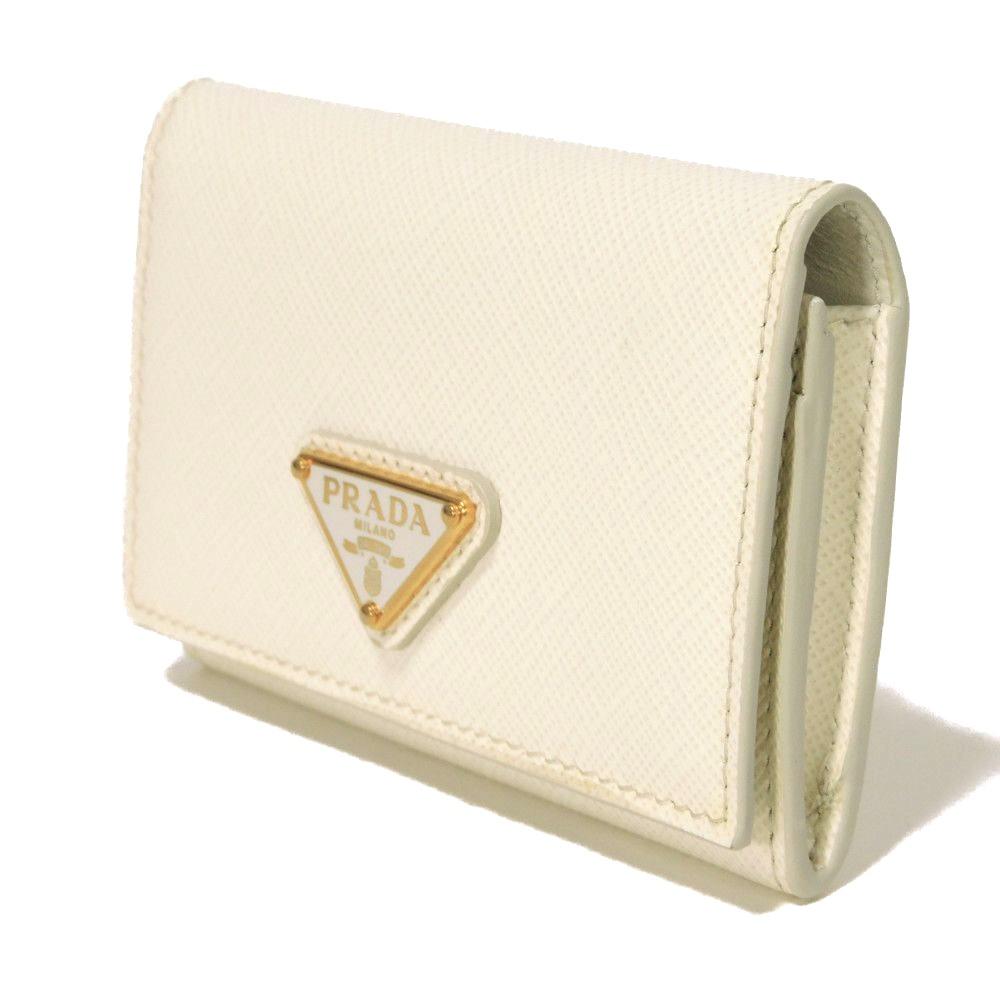 Used 11569 Saffiano Triangle Card Holder 1MC110 QHH F0009 7946 Current Calfskin White Bifold RFID Logo Bianco Unisex