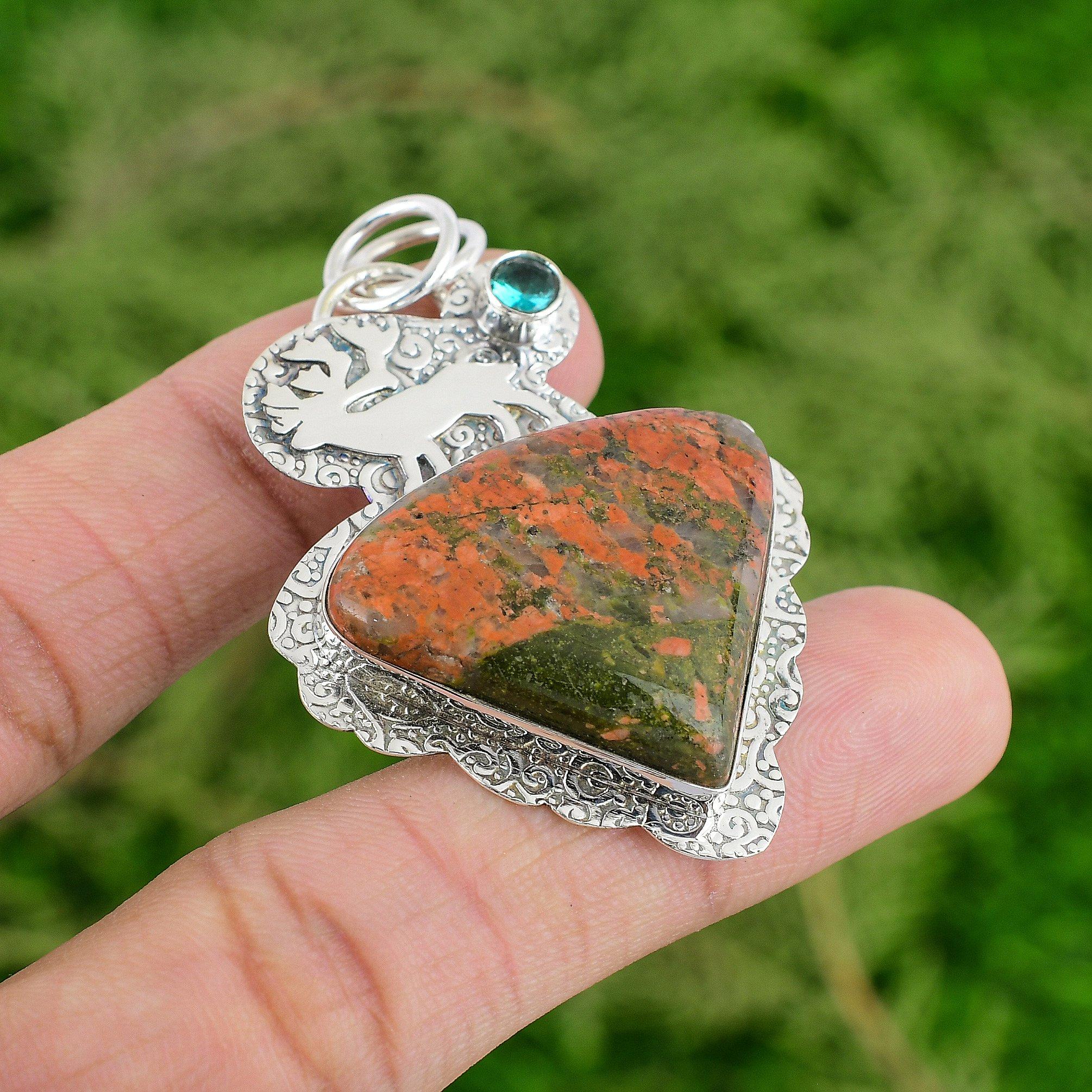 

Sterling Silver Unakite Gemstone Chrome Diopside Heart Chakra Pendant Jewelry