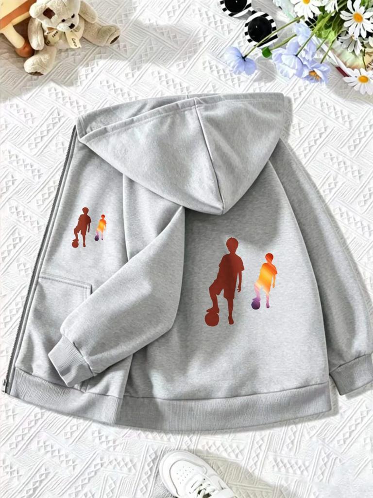 Kids Zip Up Hooded Jacket Gradient Basketball Soccer Player Silhouette Print Long Sleeve Casual Sports Hoodie For Boys Daily Out