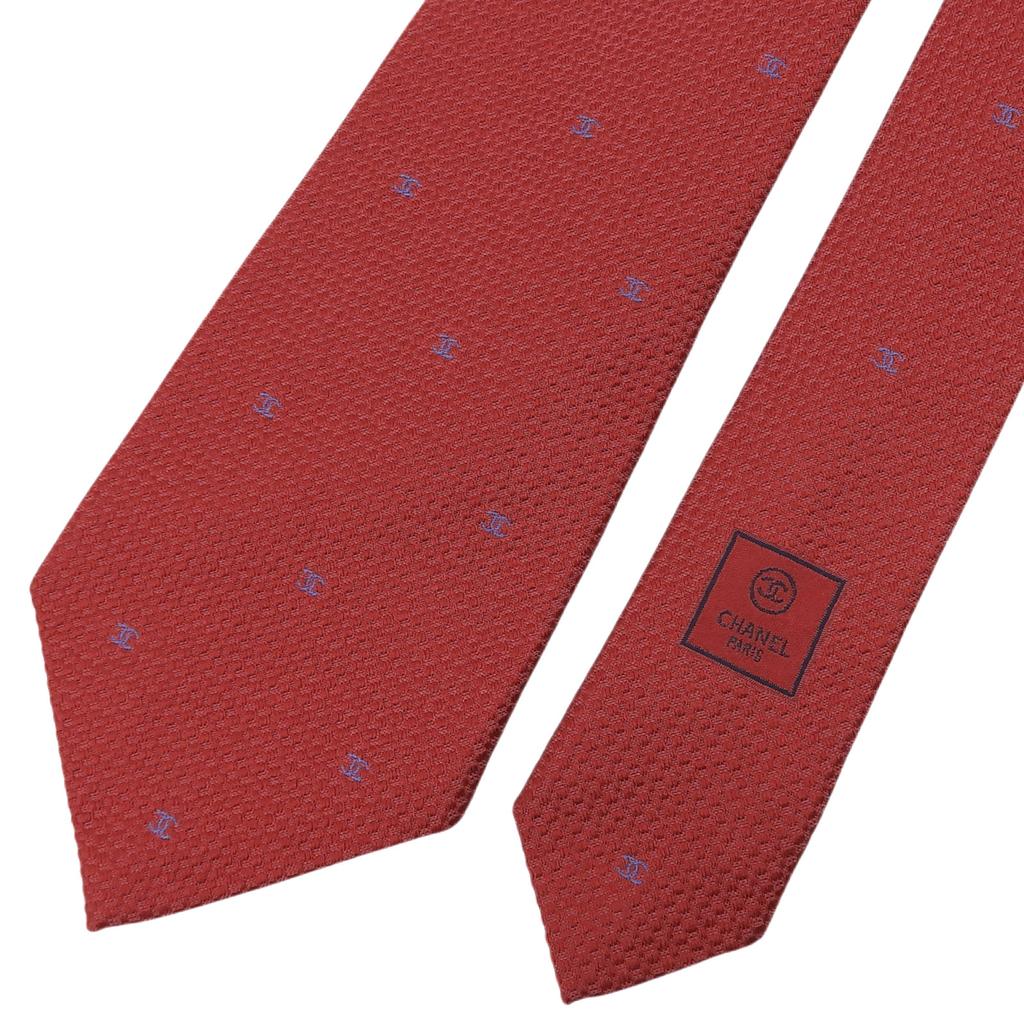 Excellent CHANEL Tie COCO Mark All-over Print Jacquard Red Silk Mens Used
