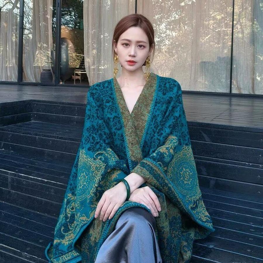 Double-Sided Wear Chinese Style Cashmere Shawl for Women Spring/Autumn Fashion Trendy Elegant Travel Outerwear Warm Cape
