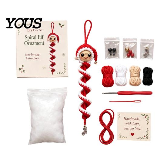 Winter Hobby Kit Crochet Doll Spiral Ornament DIY Kit, Holiday Craft Set with Snowman Pattern Soft Yarn, Beads, Christmas Tree Hanging for Window Wall