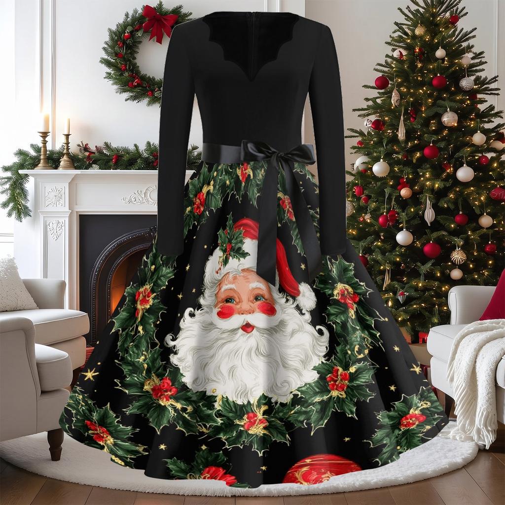 Women's Casual Vintage V-Neck Long Sleeve Dress with Christmas Print
