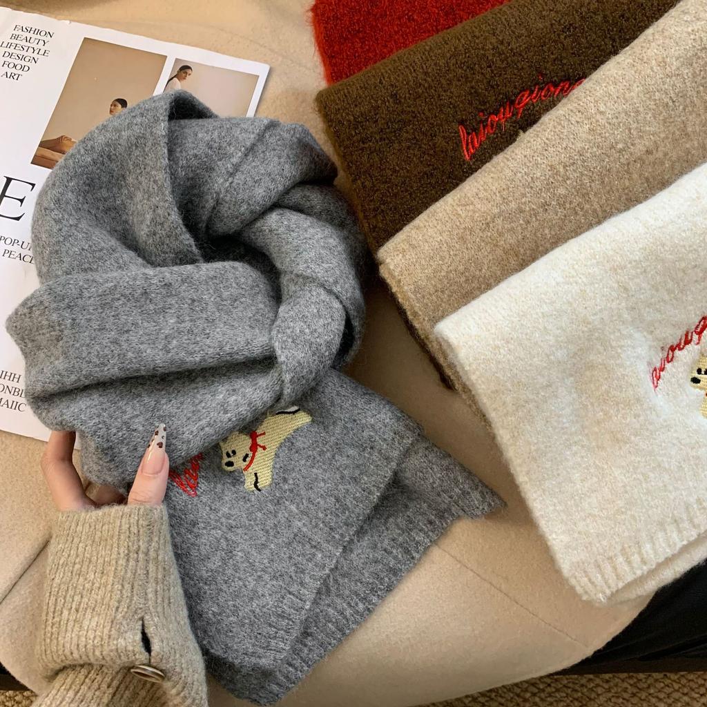 Red Scarf Women Gilrs Autumn/Winter Korean Style Cute Embroidered Dog Women Fashion Versatile Thicken Warm Knitted Neck Scarf