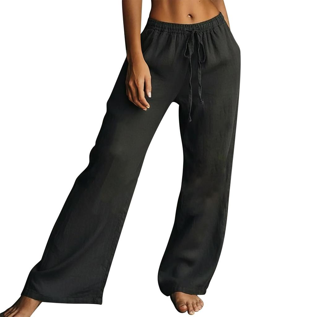 Women Elastic High Waist Pant Casual Fit Wide Leg Long Pants Trousers With Pockets