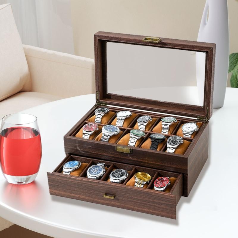 Luksusowy uchwyt do przechowywania zegarków w kolorze Espresso Stylowe etui na zegarki z 6/20 miejscami dla mężczyzn z podwójnymi warstwami i szklanym wieczkiem