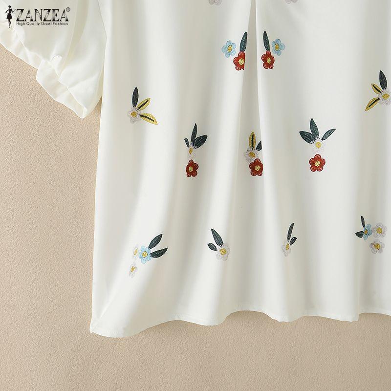 ZANZEA Women Casual V-Neck Loose Floral Print Short Sleeve Blouse