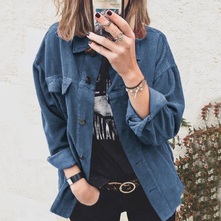 New Women Corduroy Jacket Button Casual Coat Fall Winter