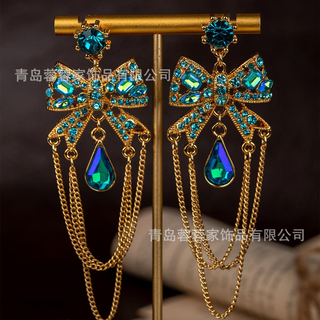 Middle Aged BJ Light Luxury Bow Water Droplet Pendant Earrings Alloy Chain Long High-end Feeling