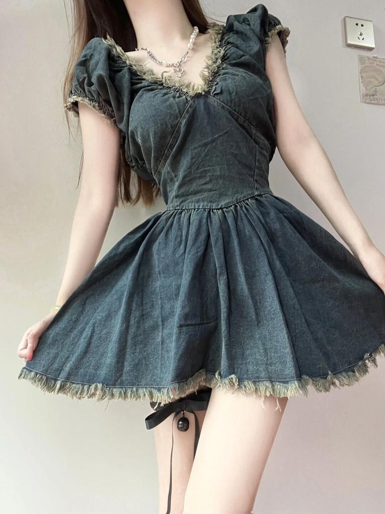 Summer Vintage Denim Dresses Puff Sleeve Slim Mini Dress