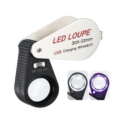 Lupa de Joyería Iluminada 30x Recargable Plegable con 6 LED Luz UV para y Más Vidrio, Aumento y Piedras Preciosas,