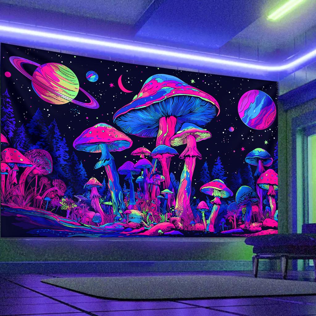1pc Fluorescent Mushroom Moon Tapestry, UV Black Light Forest Fantasy Plant Space Tapestry, Home Decoration Wall Hanging