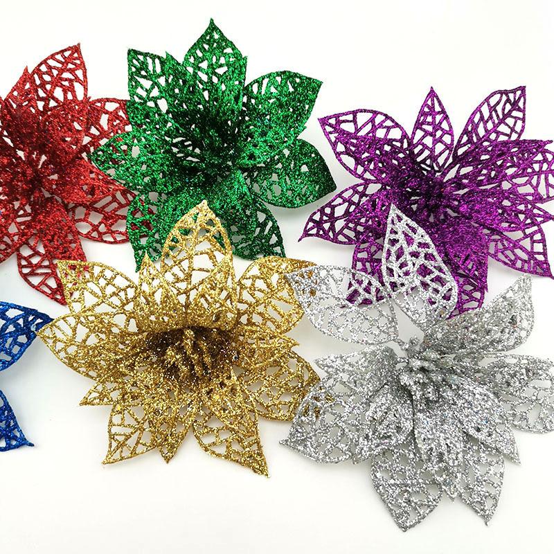 (6pcs/pack) Mixed Colors Artificial Christmas Tree Flower Glitter Decorations Xmas Ornaments New Year Gift