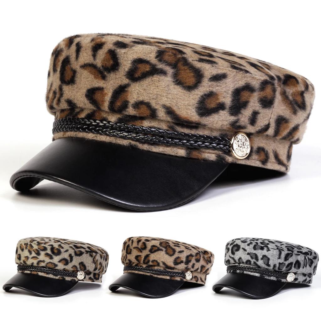 Unisex Plush Leopard Print Navy Cap Autumn Winter Sailor Hats Beret Hat Men Flat Top Captain Military Caps