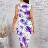 Women Plus Size Crew Neck Sleeveless Midi Dress White Background Blue Ink Wash Floral Print Bodycon Dress